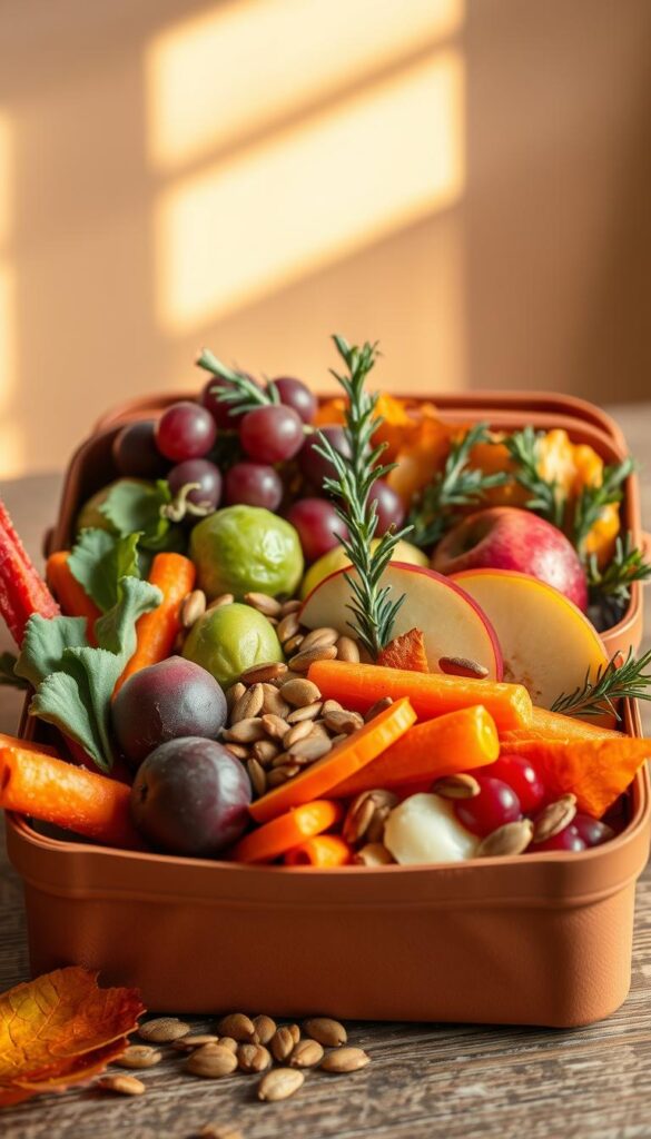 Colorful seasonal lunchbox with fall vegetables and fruits