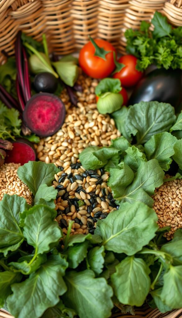 Iron rich vegetables and seeds in a shopping basket