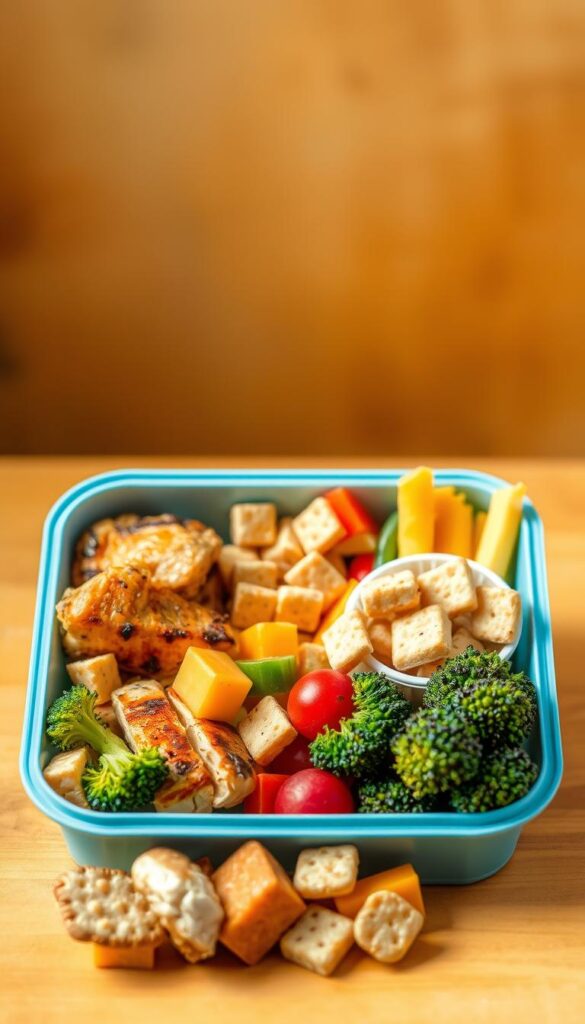 Picky eater lunch ideas arranged in a colorful bento box
