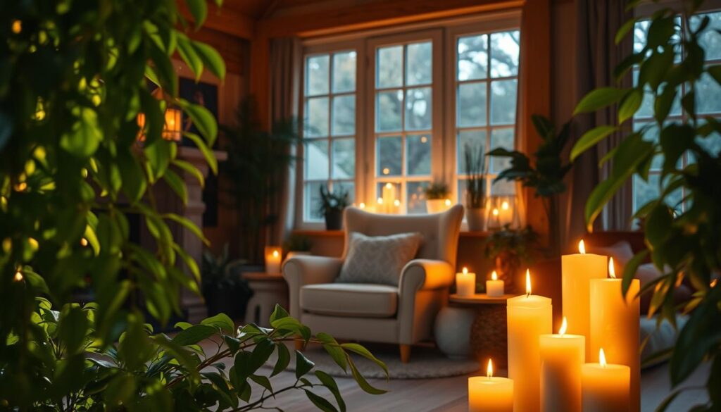 self care at home sanctuary with plants and candles